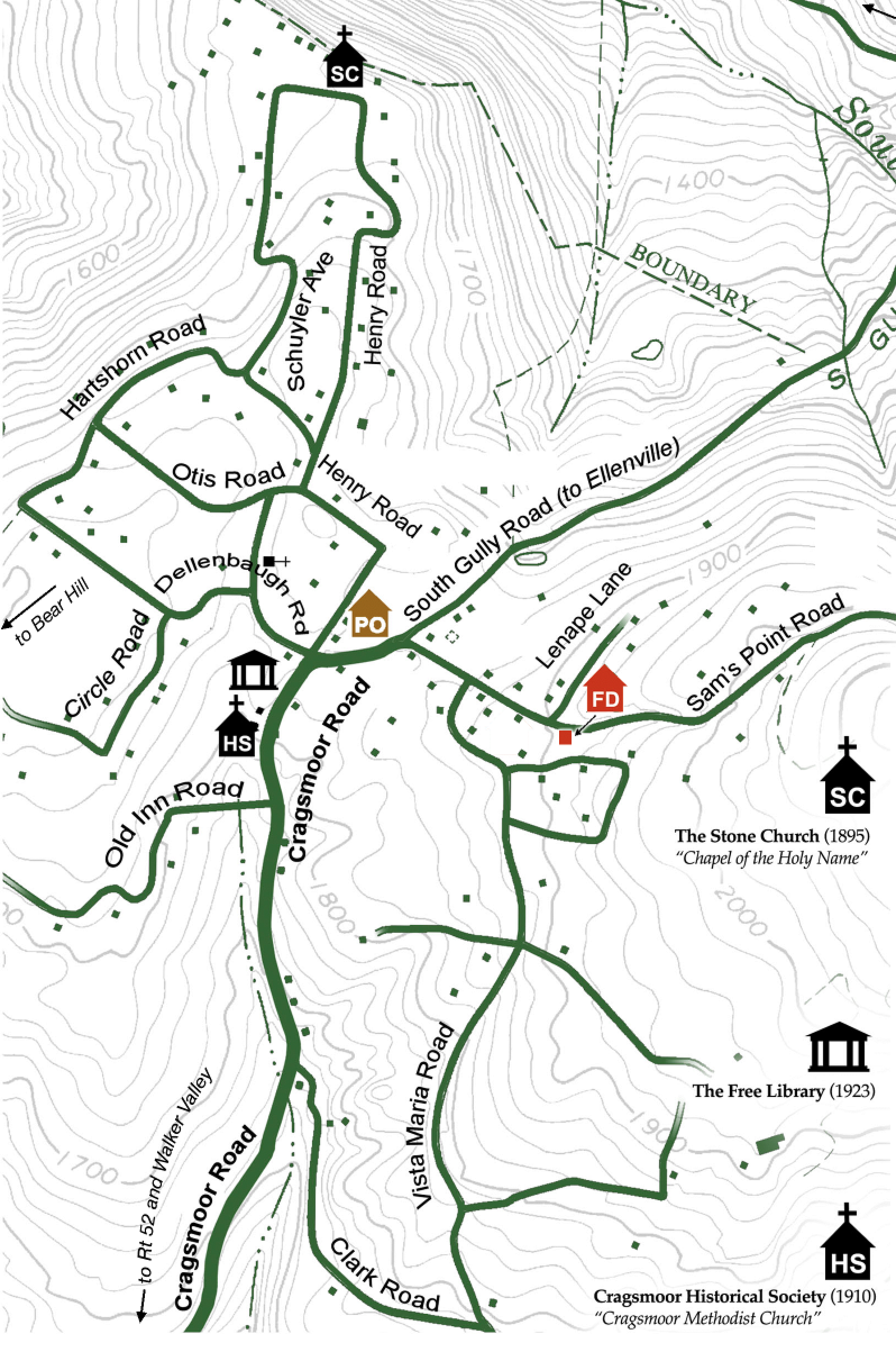 A hand drawn map of the Hamlet of Cragsmoor